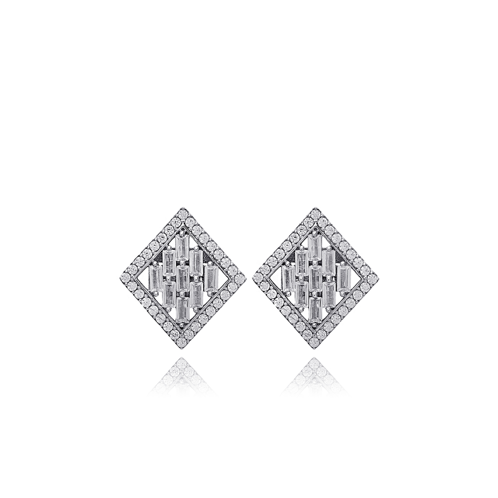 New Design Geometric Shape Baguette Zircon Stone Stud Earrings 925 Sterling Silver Jewelry