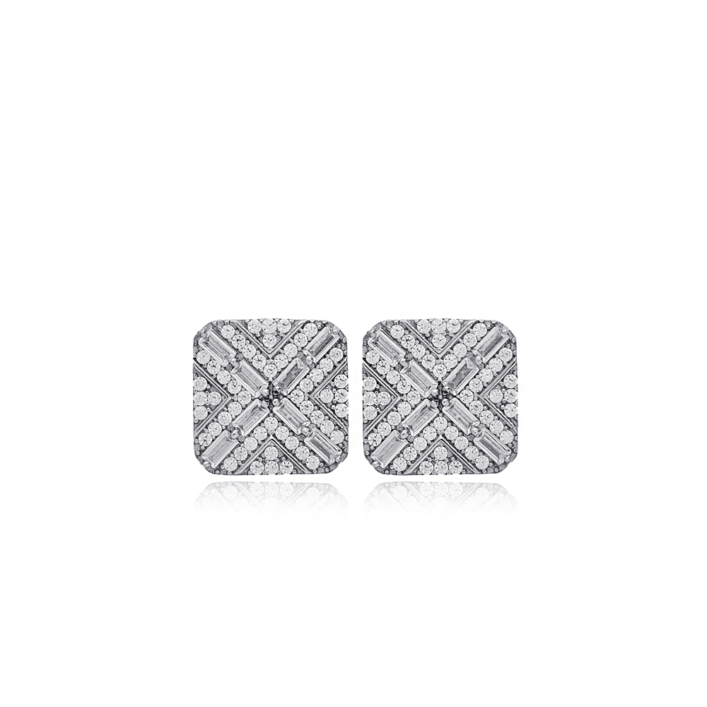 Geometric Square Design Zircon Stone Woman Stud Earrings 925 Sterling Silver Jewelry