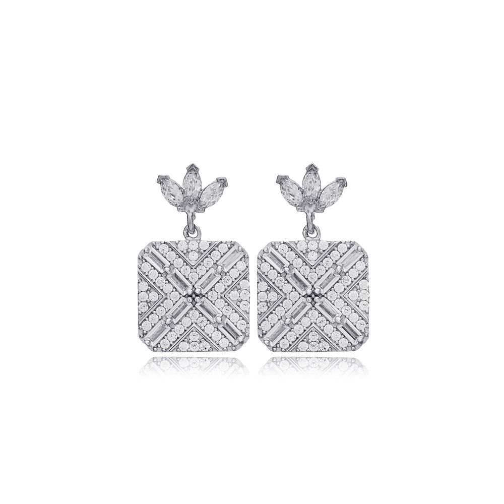 Geometric Square Shape Clear Zircon Stone Stud Earrings For Woman 925 Sterling Silver Jewelry