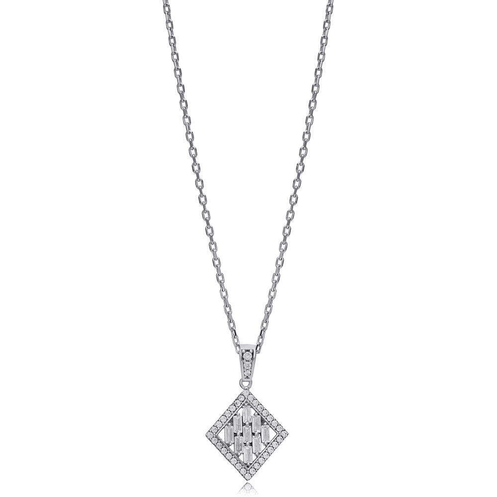 Geometric Design Zircon Stone Charm Necklace 925 Sterling Silver Jewelry