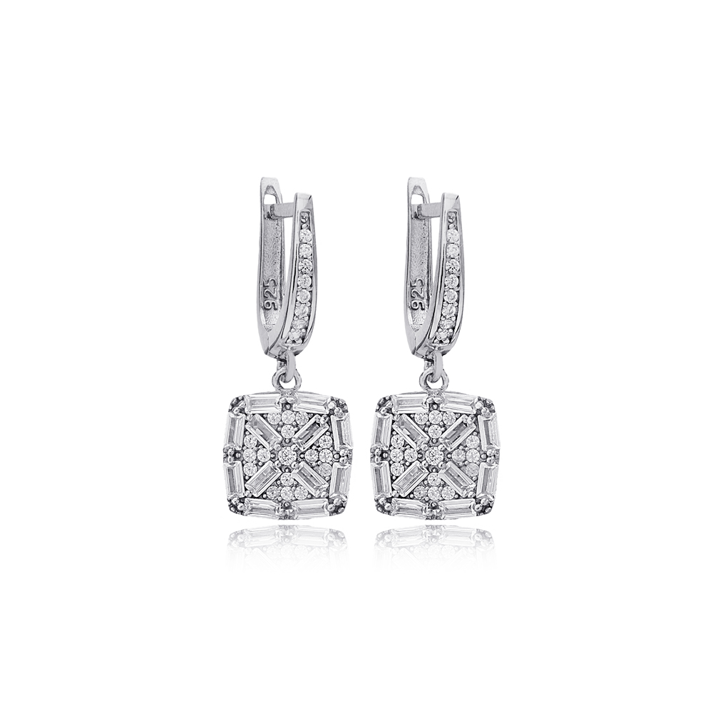 Square Geometric Design Baguette Stone Dangle Earrings 925 Sterling Silver Jewelry