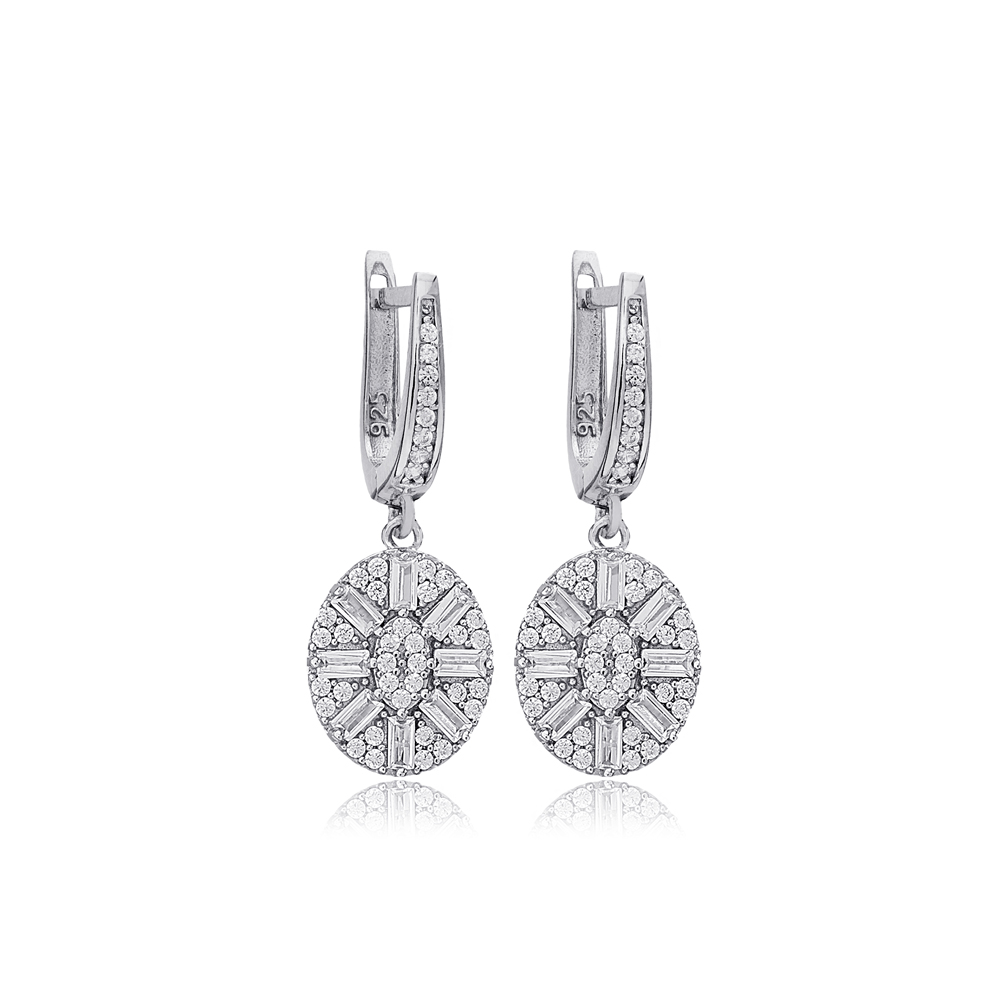 Oval Shape Baguette Zircon Stone Dangle Earrings Turkish Handmade 925 Sterling Silver Jewelry