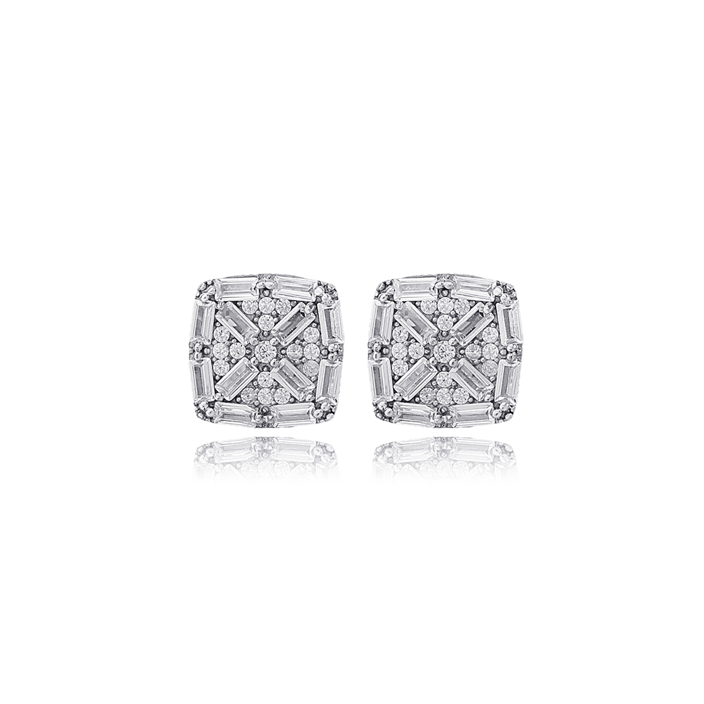 Square Geometric Design Baguette Zircon Stone Woman Stud Earrings 925 Sterling Silver Jewelry