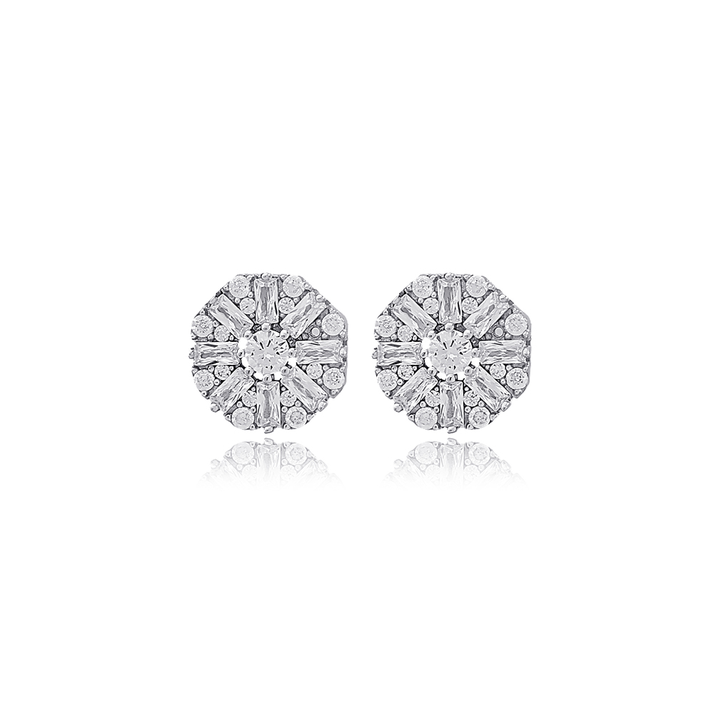 Round Cut Baguette Stone Stud Earrings Turkish Handmade Wholesale 925 Sterling Silver Jewelry