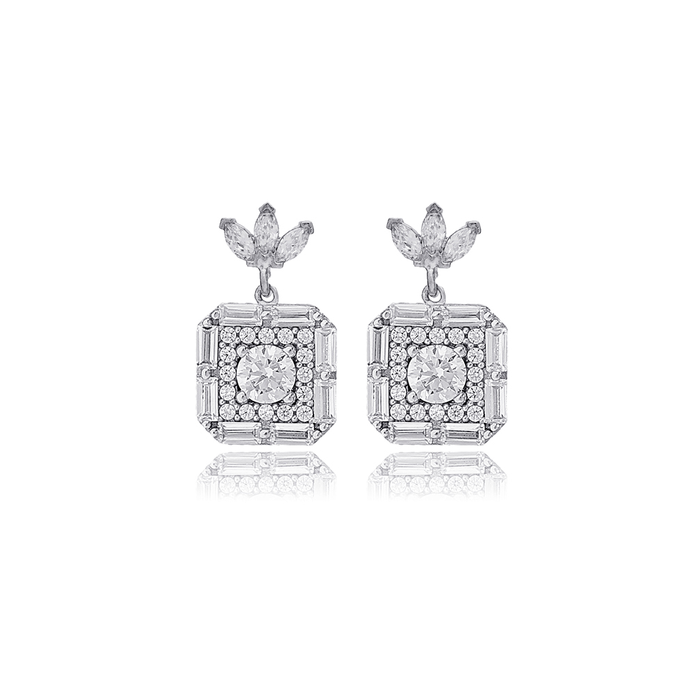 Geometric Square Shape Shiny Round Stone Stud Earrings 925 Sterling Silver Jewelry