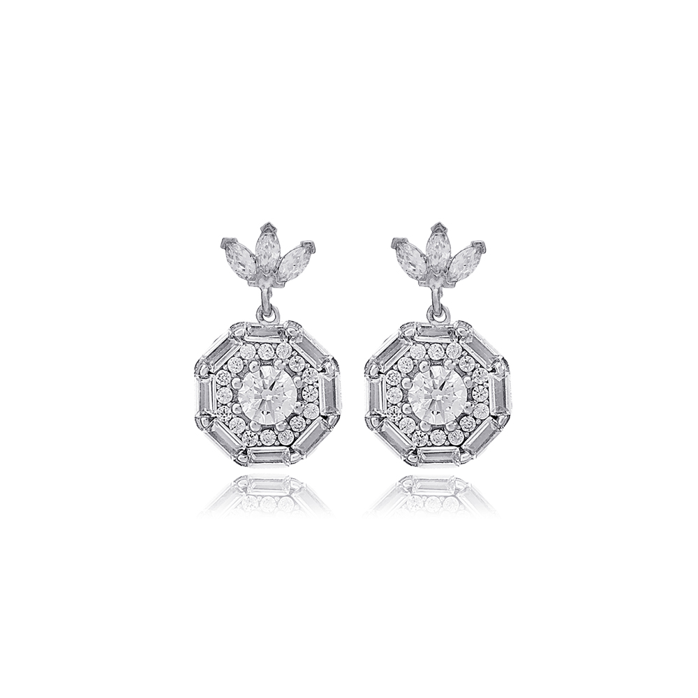 New Trendy Geometric Shape Round Clear Zircon Stone Stud Earrings 925 Sterling Silver Jewelry
