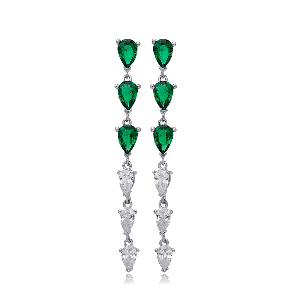 Pear Shape Emerald Stone with Zircon Stone Woman Long Earrings 925 Sterling Silver Jewelry