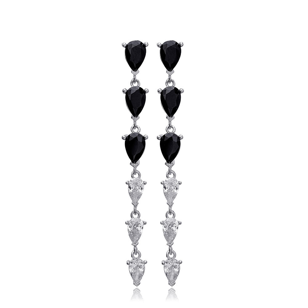 Pear Shape Black Zircon Stone Woman Long Earrings 925 Sterling Silver Jewelry