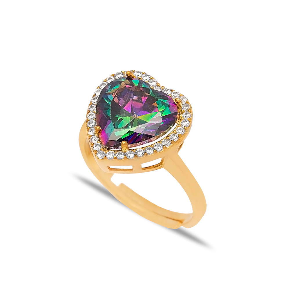 Heart Shape Mystic Topaz Stone Adjustable Ring Turkish Handmade 925 Sterling Silver Jewelry