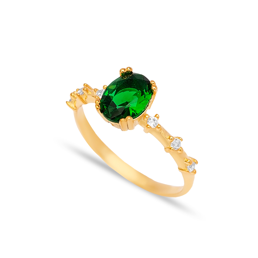 Oval Shape Emerald Zircon Stone Cluster Ring Turkish Handmade 925 Sterling Silver Jewelry