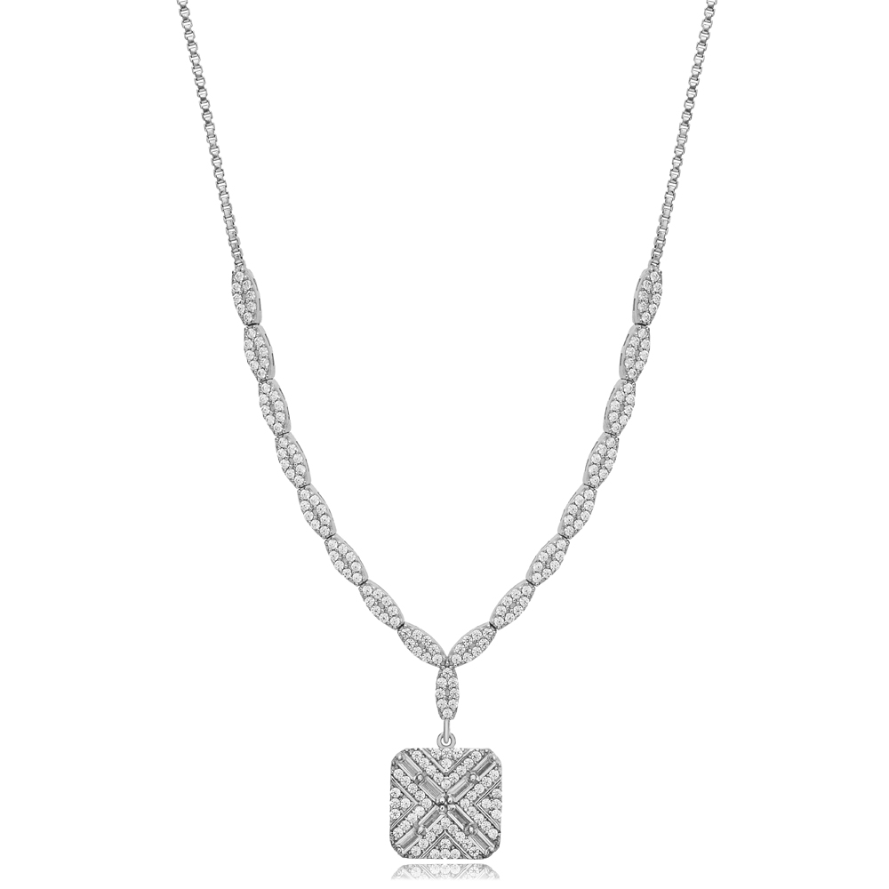 Geometric Square Cut Clear Zircon Stone Elegant Charm Necklace 925 Sterling Silver Jewelry