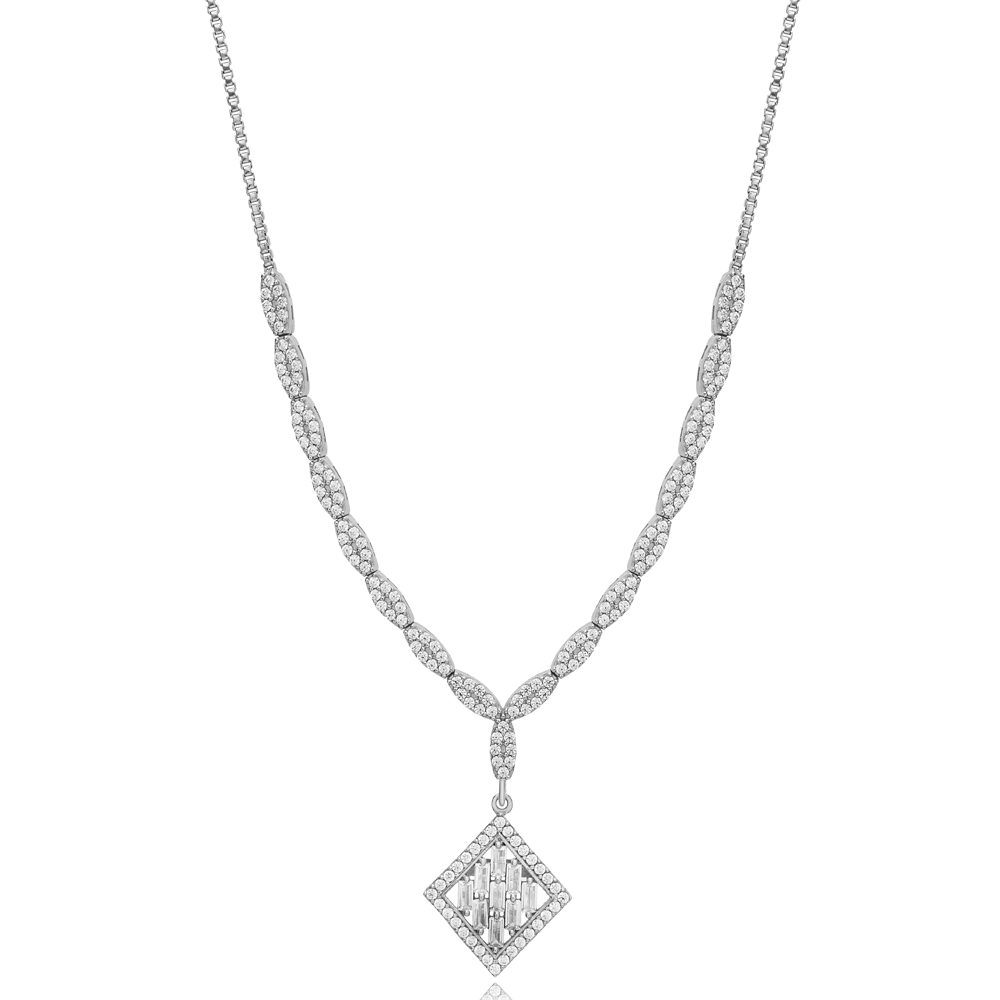 Square Shape Bright Zircon Stone Elegant Charm Necklace 925 Sterling Silver Jewelry