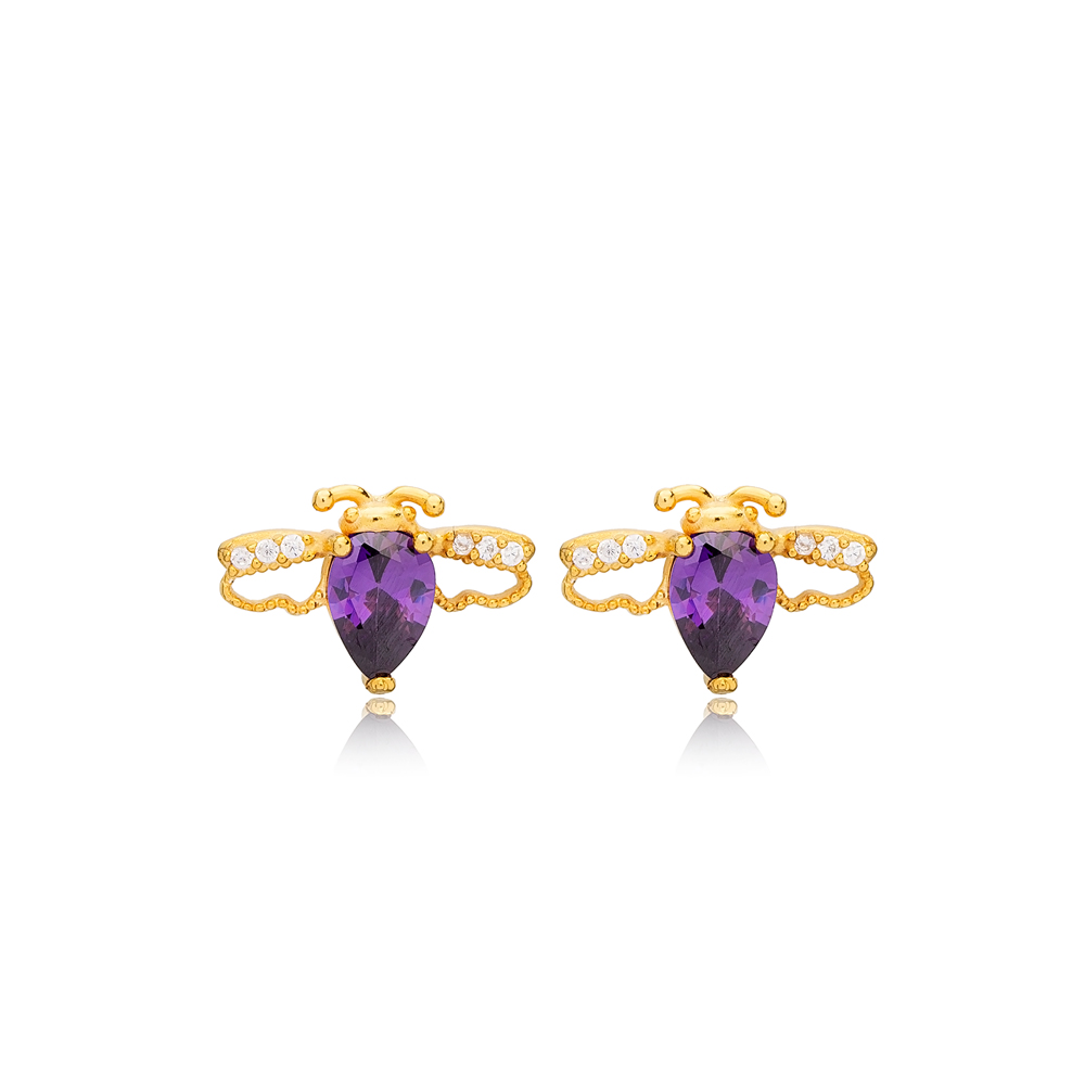 Bee Design Amethyst Zircon Stone Stud Earrings 925 Sterling Silver Jewelry