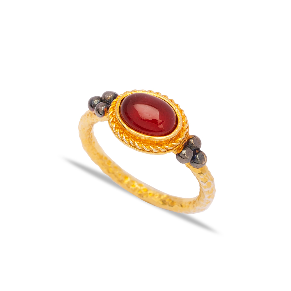 Oval Cut Garnet Stone Hammered Design 22k Gold Turkish Handmade Wholesale 925 Sterling Silver Jewelery