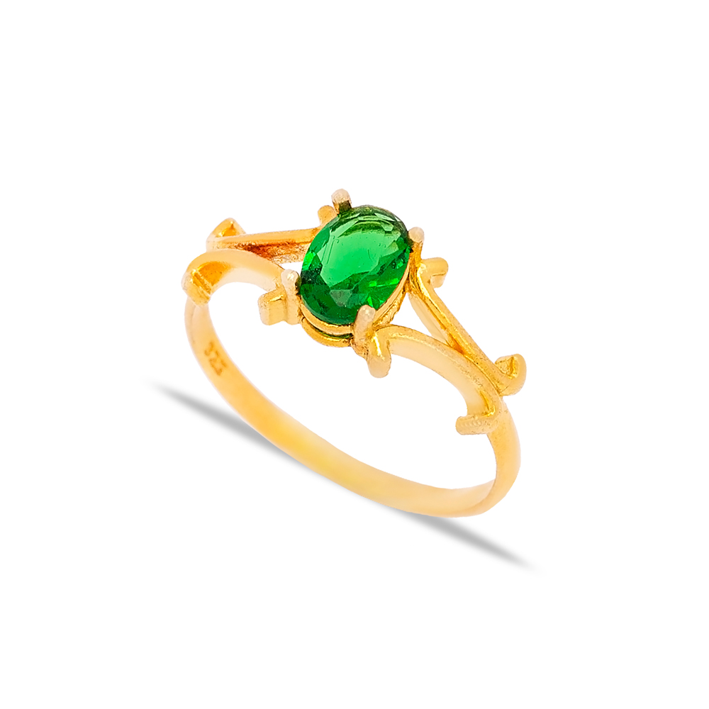 Oval Cut Emerald Stone 22k Gold Ring Turkish Handmade Wholesale 925 Sterling Silver Jewelry