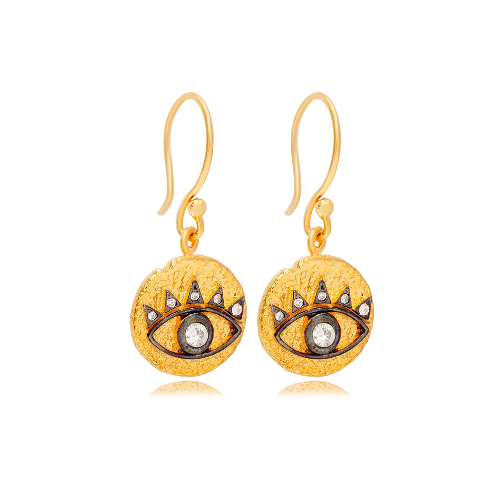 Eye Design 22k Gold Plated Vintage Earrings Turkish Handmade 925 Sterling Silver Jewelry