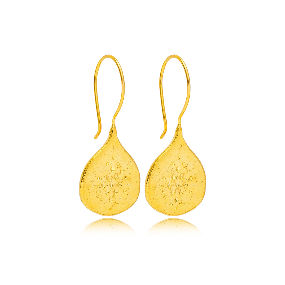 Drop Cut Hammered Design 22k Gold Plated Vintage Earrings Handmade 925 Sterling Silver Jewelry