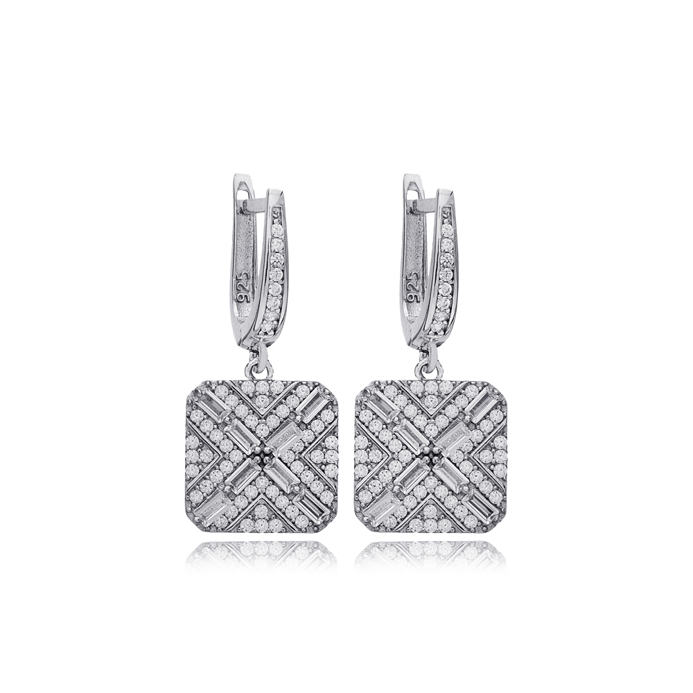 Geometric Square Design Clear Zircon Stone Dangle Earrings 925 Sterling Silver Jewelry