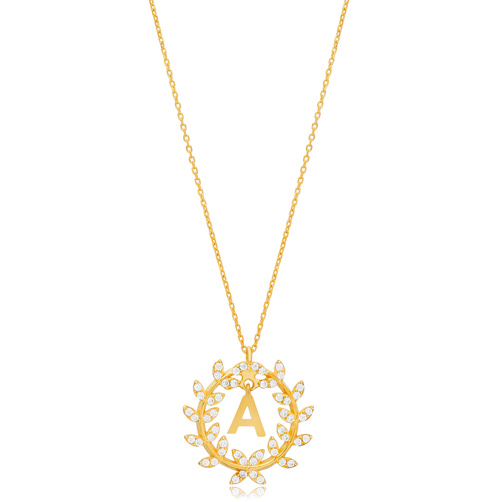Leaf Design Alphabet A Letter Design Charm Necklace 925 Sterling Silver Jewelry