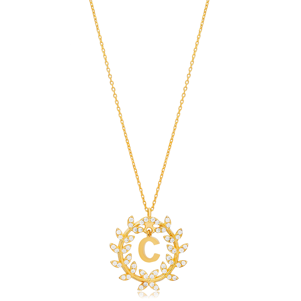 Leaf Design Alphabet C Letter Design Charm Necklace 925 Sterling Silver Jewelry