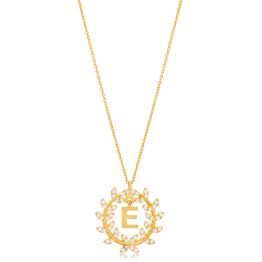 Leaf Design Alphabet E Letter Design Charm Necklace 925 Sterling Silver Jewelry