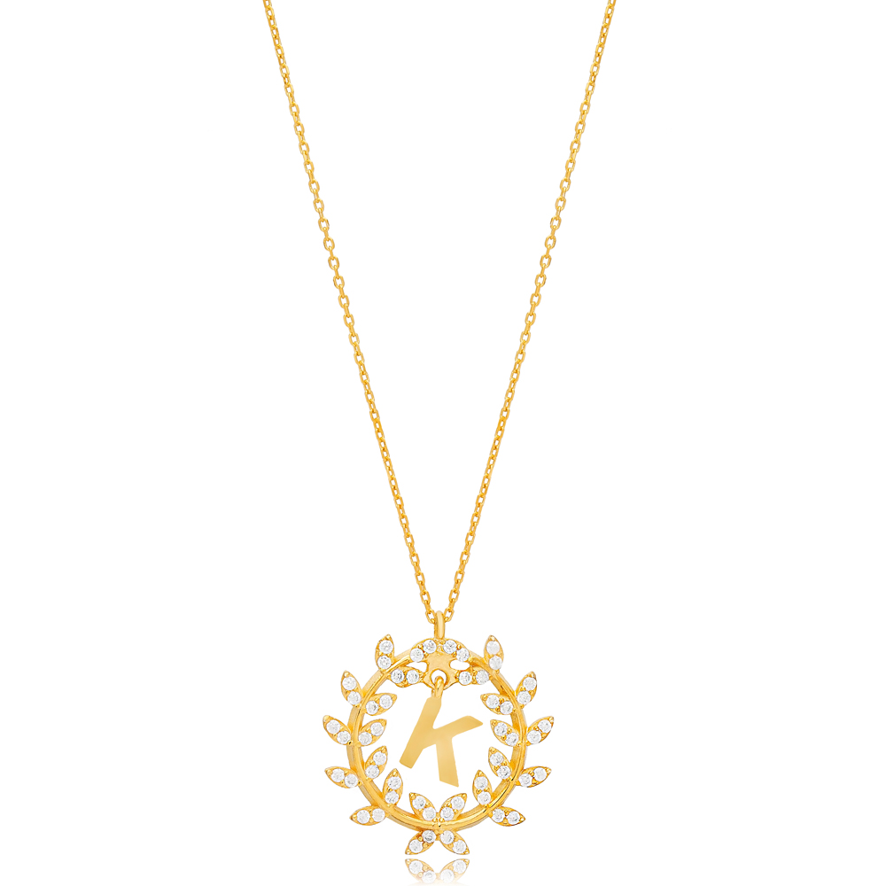 Leaf Design Alphabet K Letter Design Charm Necklace 925 Sterling Silver Jewelry