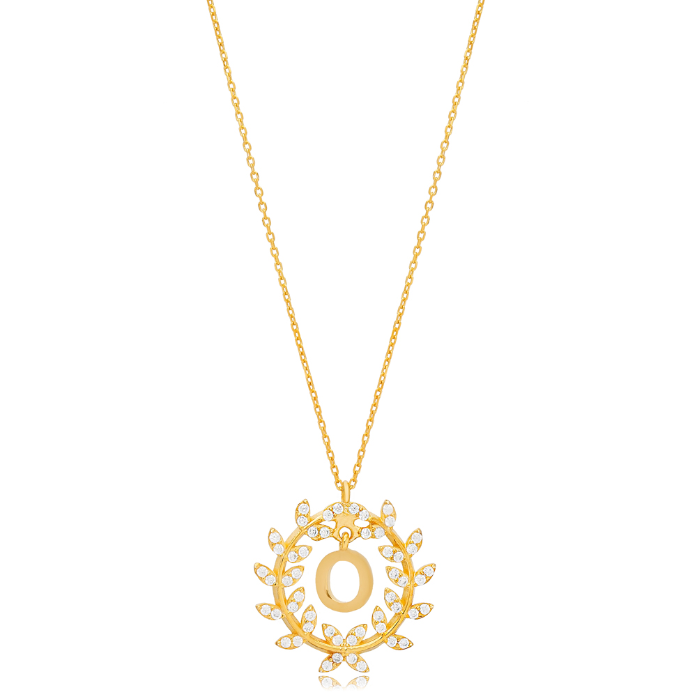 Leaf Design Alphabet O Letter Design Charm Necklace 925 Sterling Silver Jewelry
