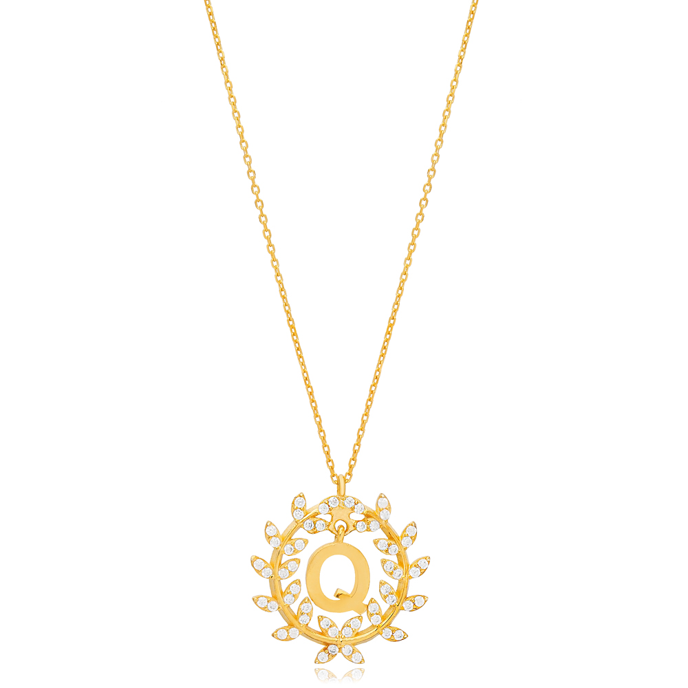 Leaf Design Alphabet Q Letter Design Charm Necklace 925 Sterling Silver Jewelry