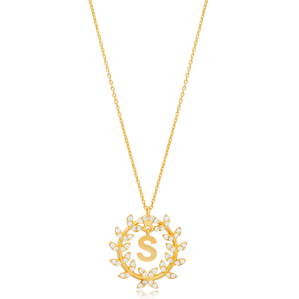 Leaf Design Alphabet S Letter Design Charm Necklace 925 Sterling Silver Jewelry