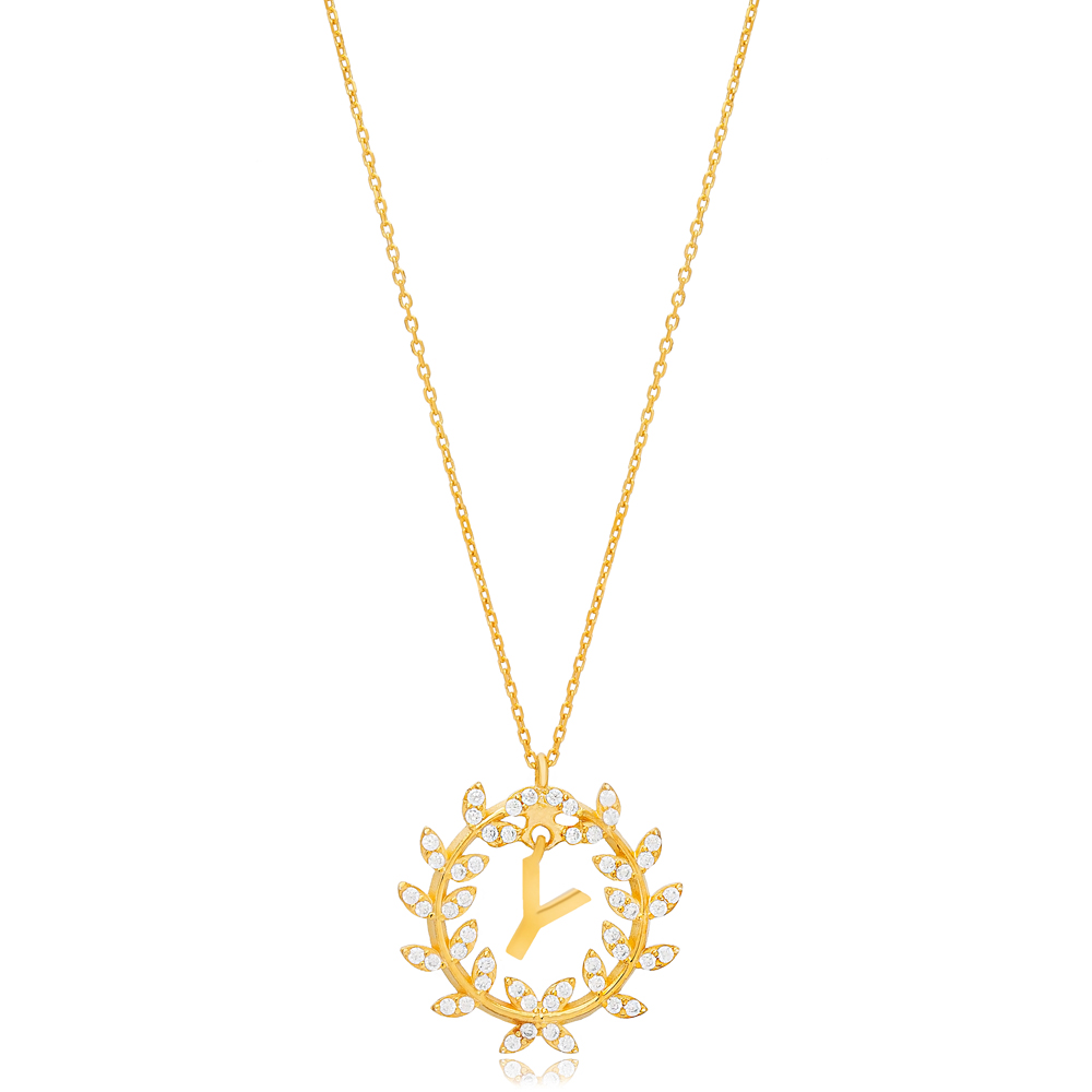 Leaf Design Alphabet Y Letter Design Charm Necklace 925 Sterling Silver Jewelry
