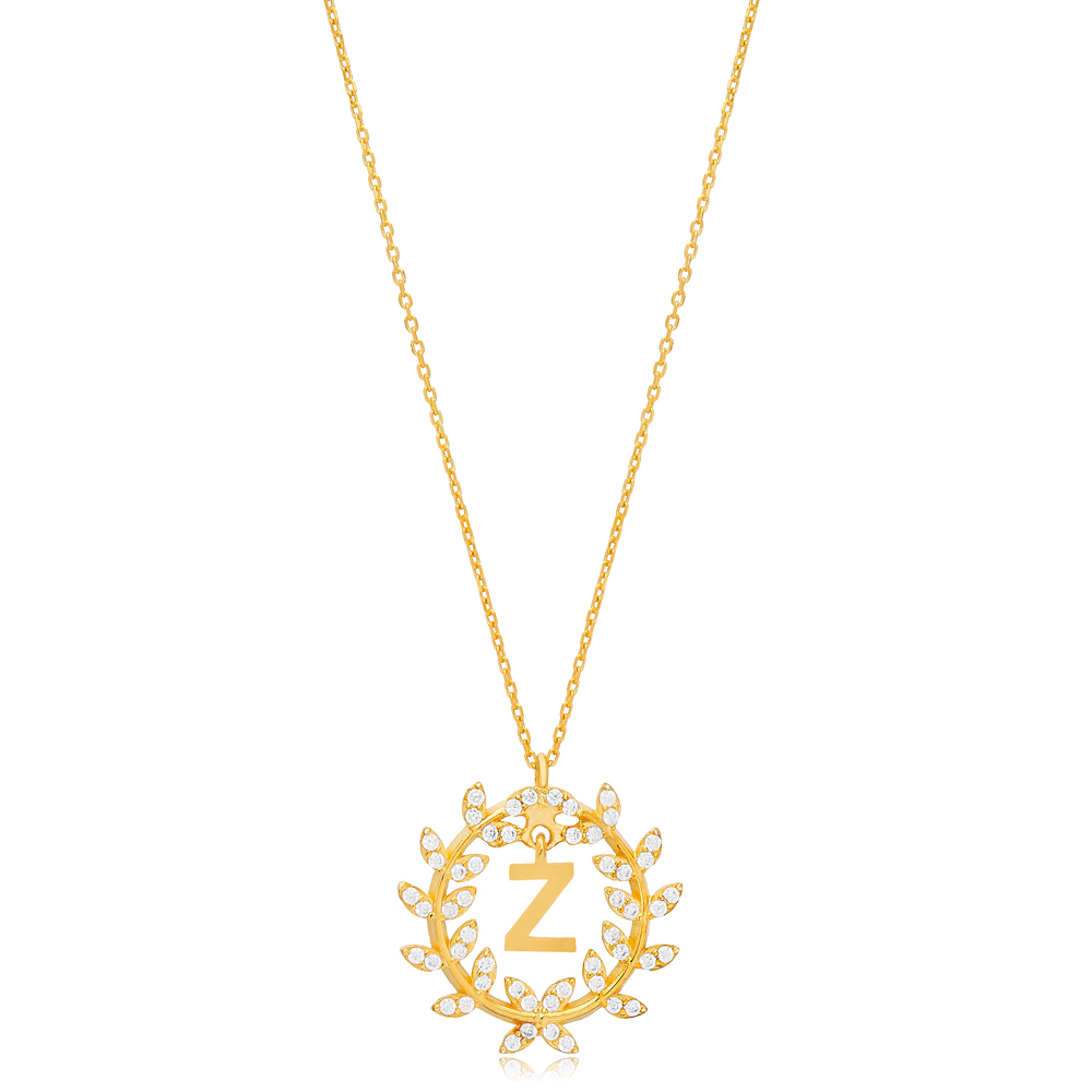 Leaf Design Alphabet Z Letter Design Charm Necklace 925 Sterling Silver Jewelry