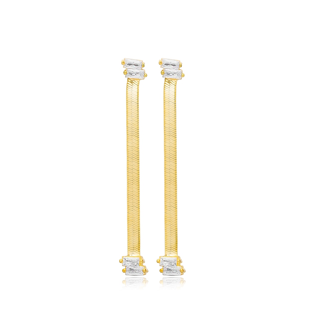 Italian Chain Design Baguette Shape Stone Long Earrings Turkish Handmade 925 Sterling Silver Jewelry