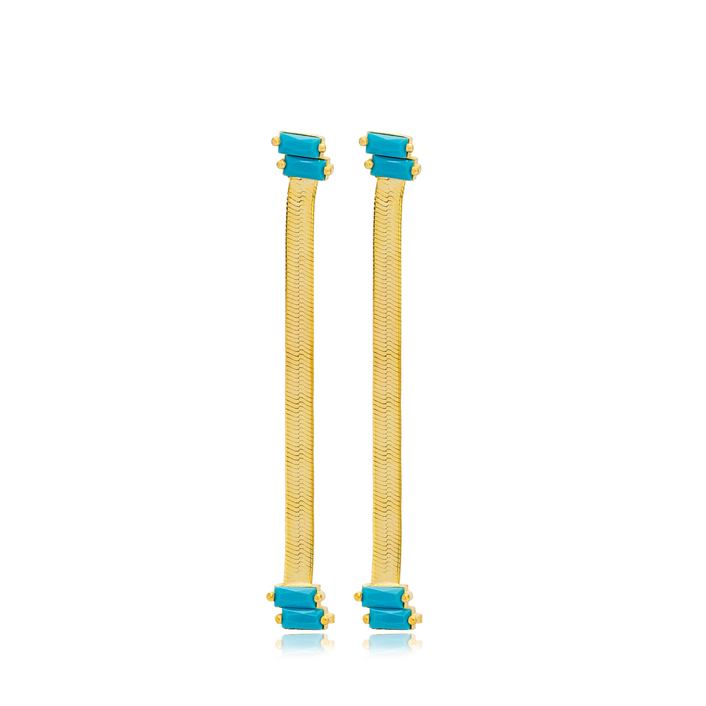 Italian Chain Design Baguette Shape Turquoise Stone Long Turkish Handmade Earrings 925 Sterling Silver Jewelry