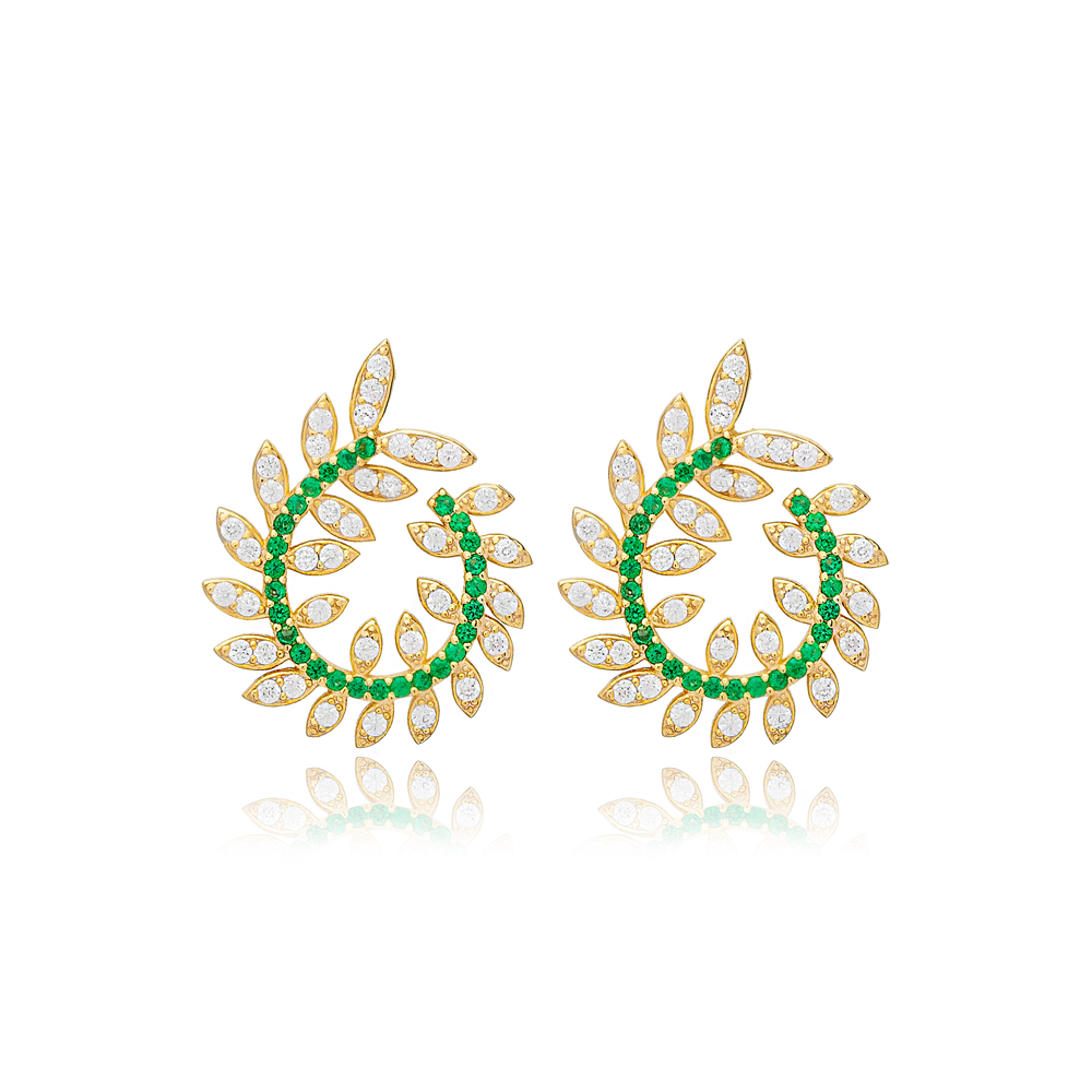 Leaf Design Emerald with Zircon Stone Stud Earrings 925 Sterling Silver Jewelry