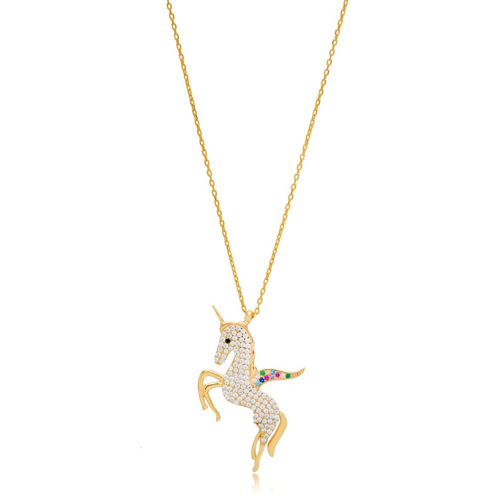 Unicorn Horse Design Clear Zircon Stone Charm Necklace Turkish Handmade 925 Sterling Silver Jewelry