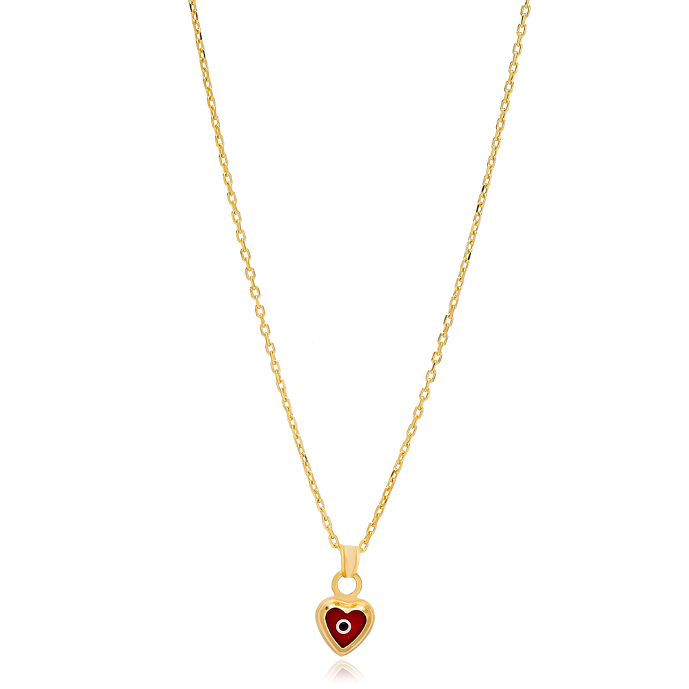 Evil Eye Design Red Heart Shape Charm Necklace Wholesale Turkey 925 Sterling Silver Jewelry