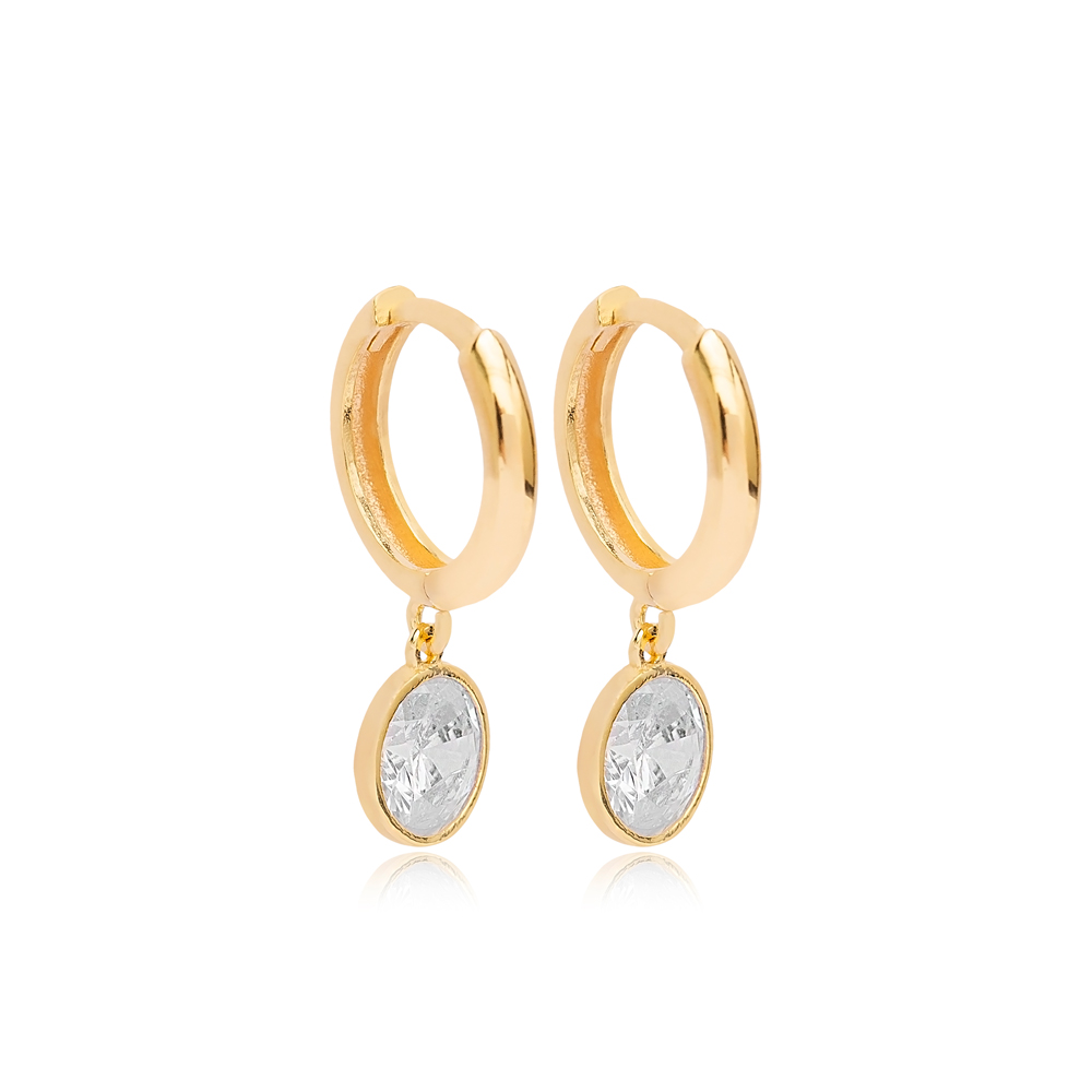 Round Shape Clear Zircon Stone Dangle Earrings Turkish Handmade925 Sterling Silver Jewelry