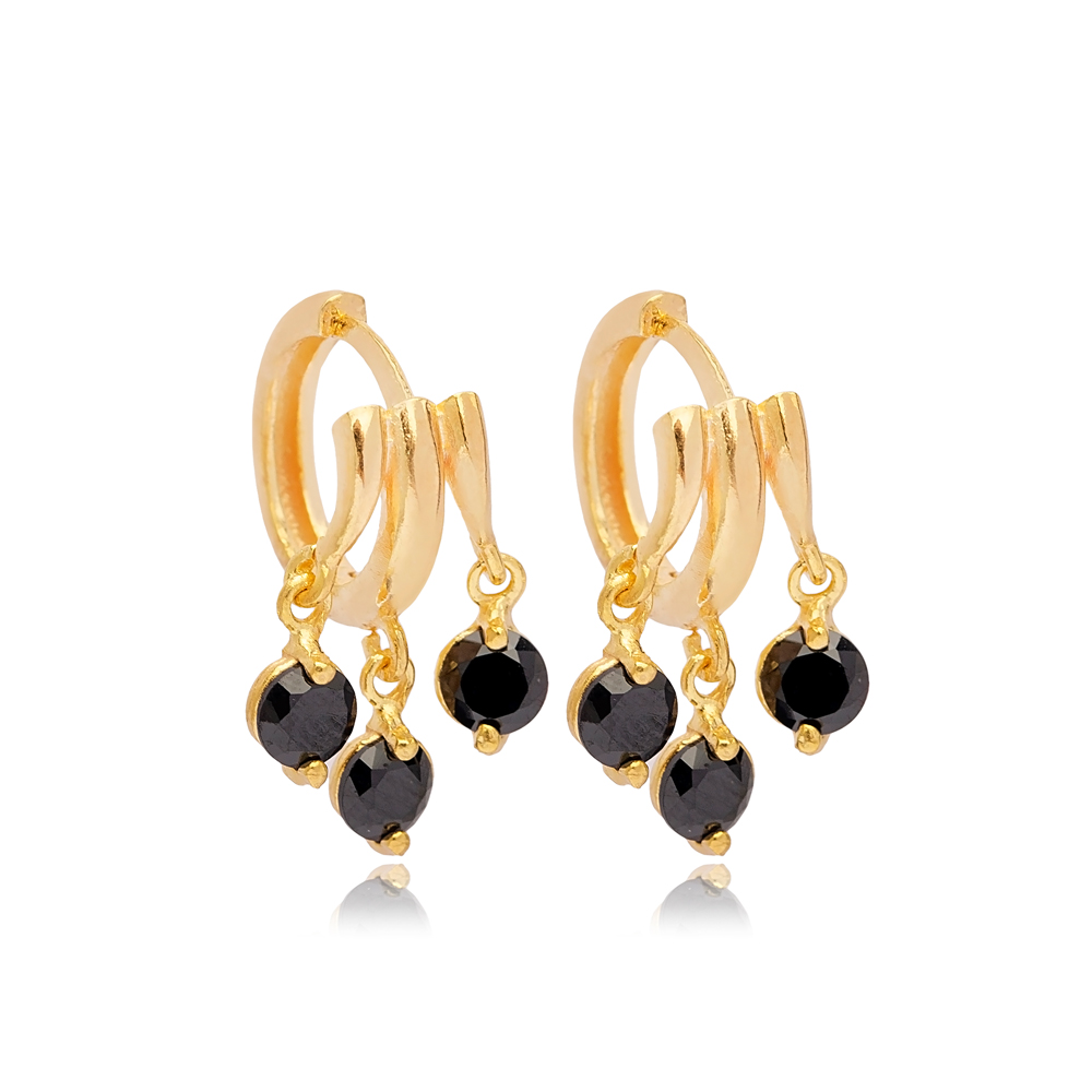 Shaky Black Zircon Stone Dangle Earrings Turkish Handmade Wholesale 925 Sterling Silver Jewelry