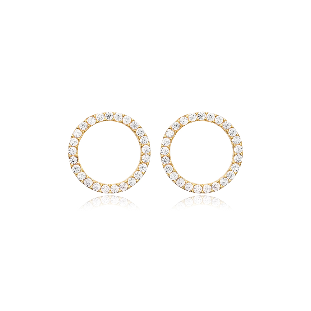 Hollow Round Shape Zircon Stone Stud Silver Earrings Turkish Handmade Wholesale 925 Sterling Silver Jewelry