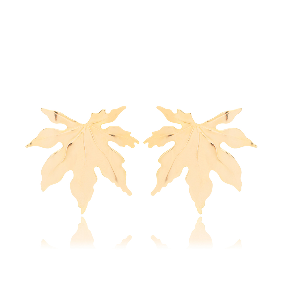 Plain Leaf Design Turkish Handmade Stud Earrings 925 Sterling Silver Jewelry