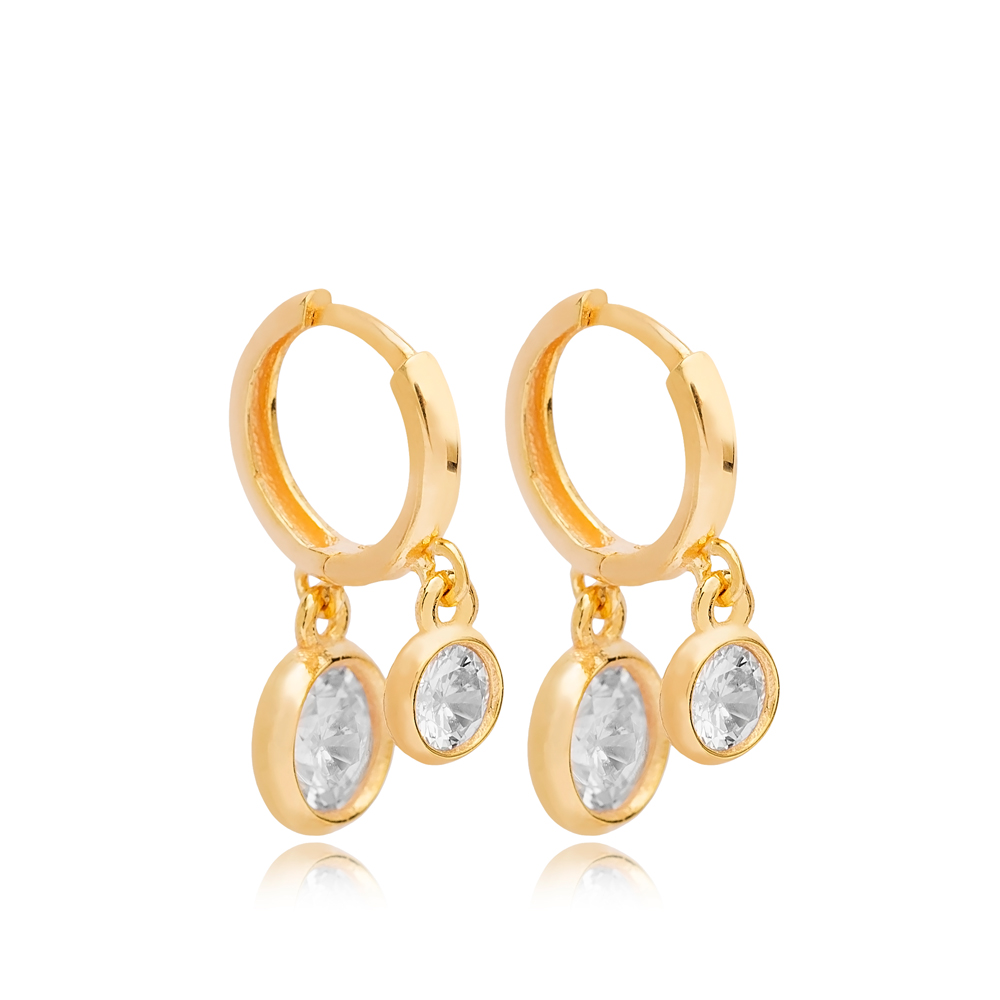Minimalist Shaker Zircon Stone Dangle Earrings Turkish Handmade 925 Sterling Silver Jewelry