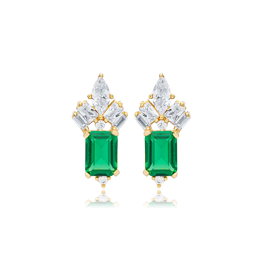 Rectangle Shape Emerald Stone with Clear Zircon Stone Stud Earrings 925 Sterling Silver Jewelry