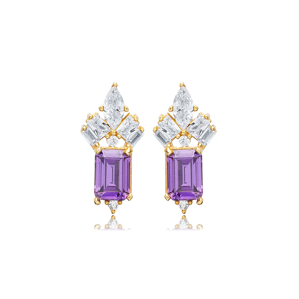 Rectangle Shape Amethyst Stone with Clear Zircon Stone Stud Earrings 925 Sterling Silver Jewelry