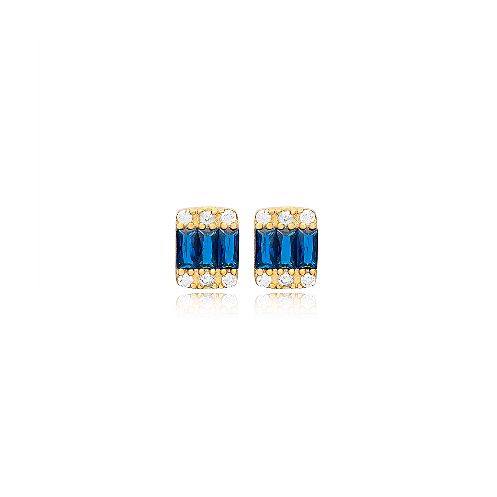 Minimalist Baguette Sapphire with Shiny Zircon Stone Stud Earrings 925 Sterling Silver Jewelry