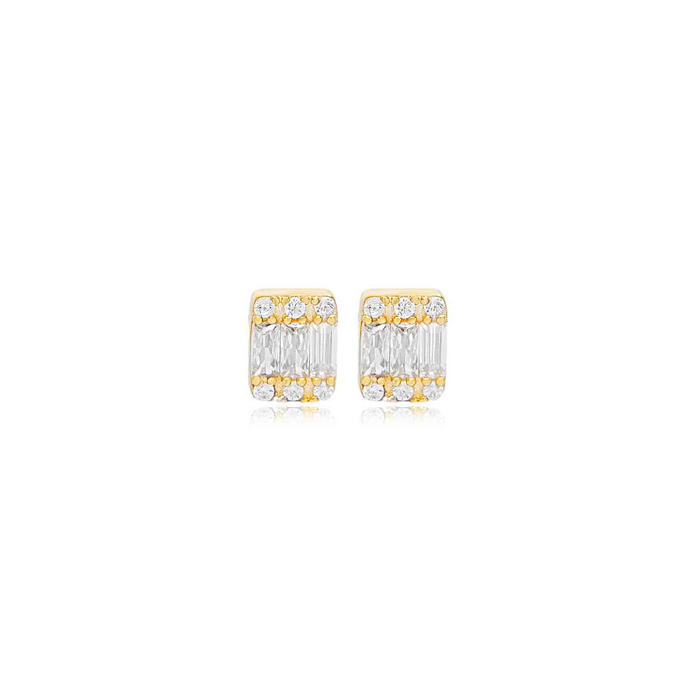 Minimalist Shiny Baguette Zircon Stone Stud Earrings Turkish Handmade 925 Sterling Silver Jewelry