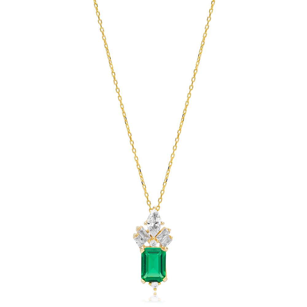 Rectangle Shape Emerald Stone with Zircon Stone Charm Necklace Turkish Handmade 925 Silver Jewelry