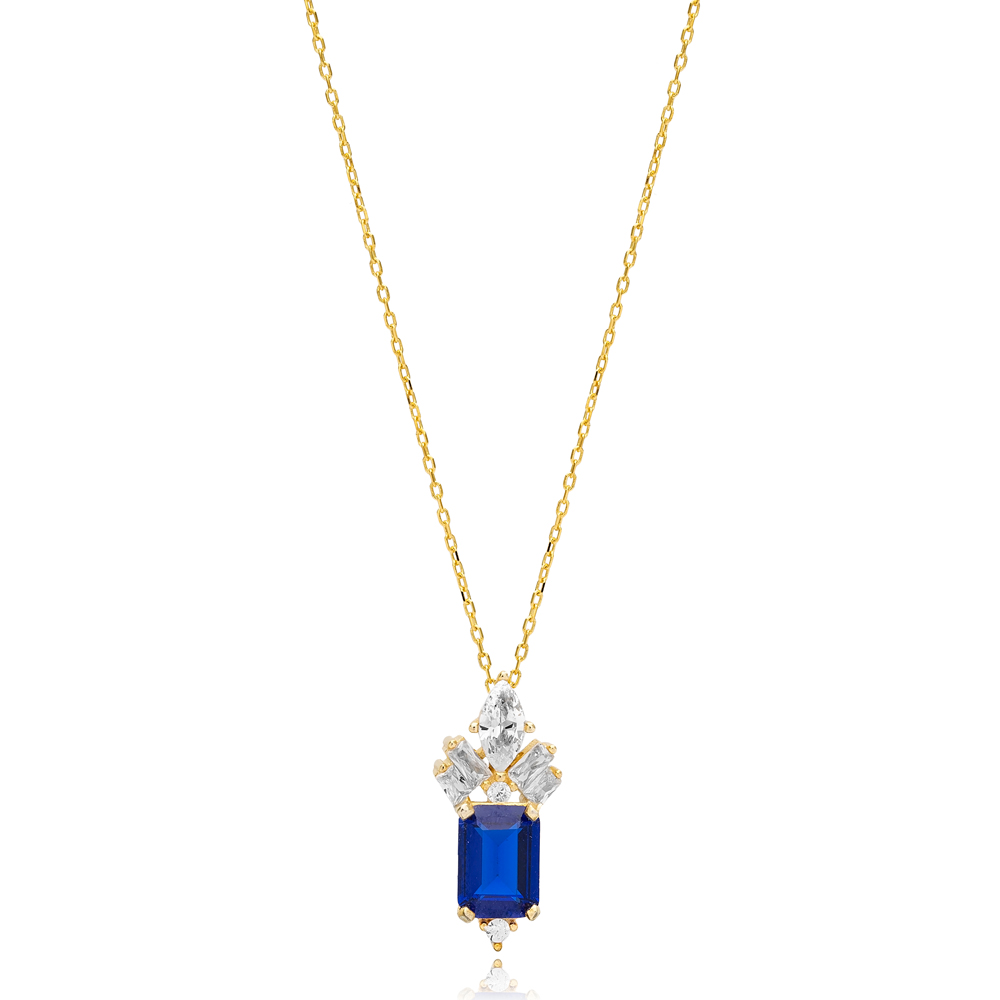 Rectangle Shape Sapphire Stone with Zircon Stone Charm Necklace Turkish Handmade 925 Silver Jewelry