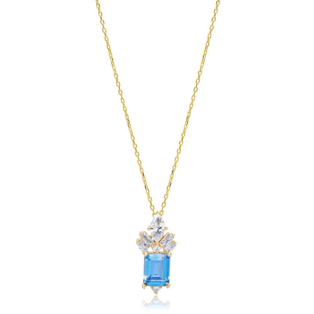 Rectangle Shape Aquamarine Stone with Zircon Stone Charm Necklace Turkish Handmade 925 Silver Jewelry