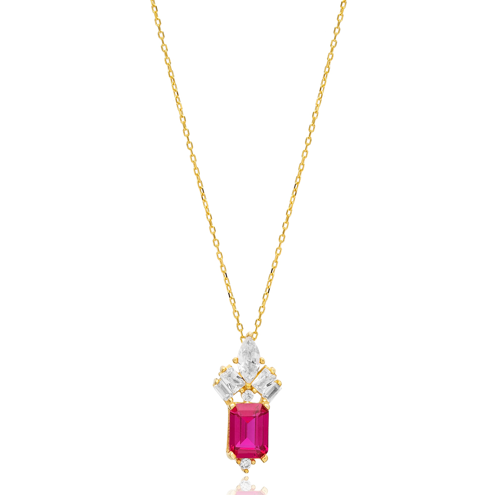 Rectangle Shape Ruby Stone with Zircon Stone Charm Necklace Turkish Handmade 925 Silver Jewelry