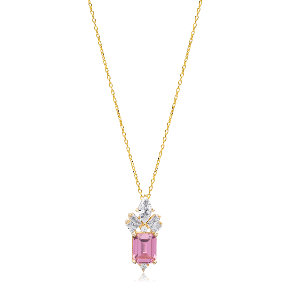 Rectangle Shape Pink Quartz Stone with Zircon Stone Charm Necklace Turkish Handmade 925 Silver Jewelry